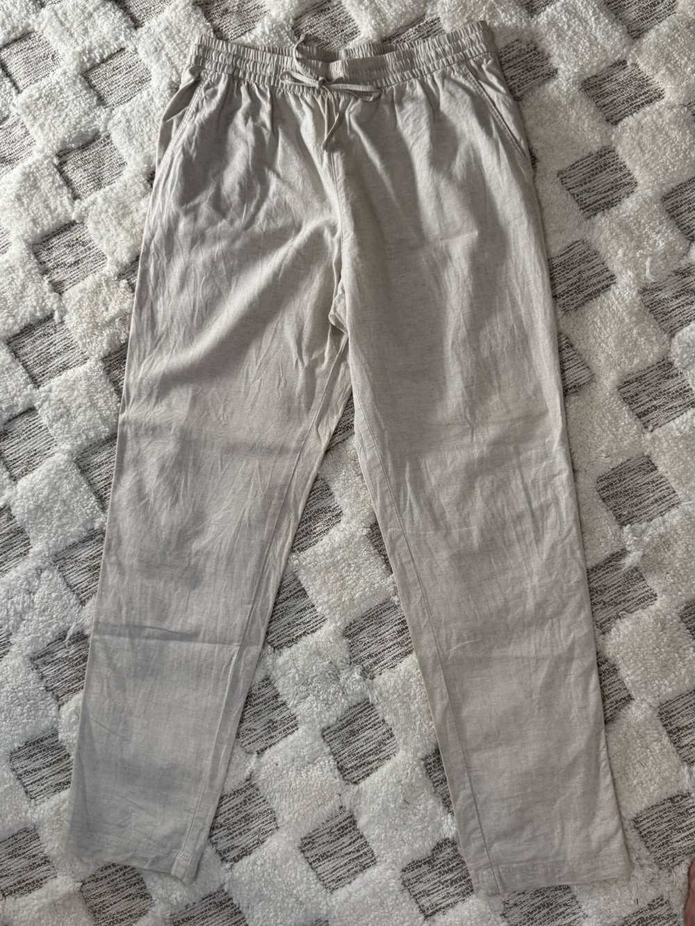 H&M Blend Linen Cotton Pull On Pants Oatmeal Beige Drawstring Women’s Medium - Picture 2 of 5